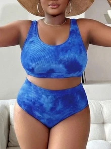 Slaydiva 2pcs Plus Size Women Tie-Dye Print Split Bikini Set, Fashionable Casual Beach Swimwear For Summer Beach Vacation - Blue - View 1