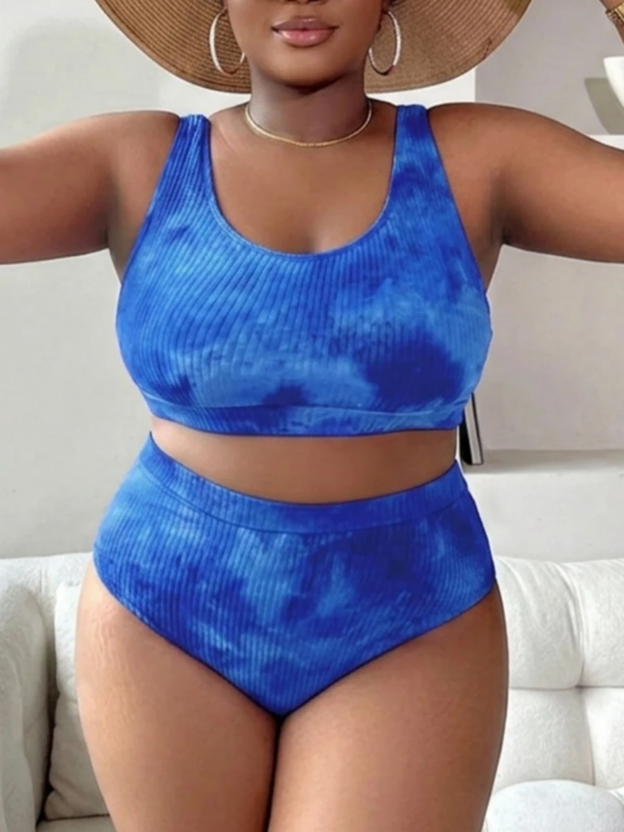Slaydiva 2pcs Plus Size Women Tie-Dye Print Split Bikini Set, Fashionable Casual Beach Swimwear For Summer Beach Vacation - Blue - View 1