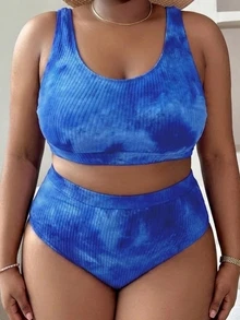 Slaydiva 2pcs Plus Size Women Tie-Dye Print Split Bikini Set, Fashionable Casual Beach Swimwear For Summer Beach Vacation - Blue - View 4