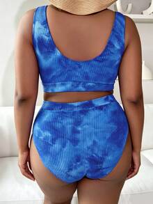 Slaydiva 2pcs Plus Size Women Tie-Dye Print Split Bikini Set, Fashionable Casual Beach Swimwear For Summer Beach Vacation - Blue - View 2