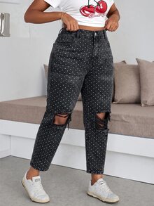 Slaydiva Plus Size Polka Dot Print Distressed Jeans Autumn Christmas Rock In Rio Dot Black Pants Concert Outfit Fall - Black and White - View 4