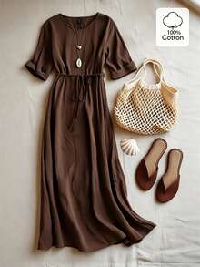 Louniche Standard Size Women's Waist Tie Design Casual Vacation Solid Color Dress - Dark Brown - View 5