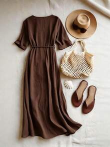 Louniche Standard Size Women's Waist Tie Design Casual Vacation Solid Color Dress - Dark Brown - View 2