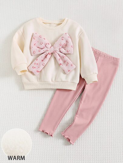 Maija Kids Maija Kids Setelan Anak Perempuan 2 Potong Motif Leopard 3 Pita Leher Bulat Lengan Panjang Pullover Warna Aprikot Celana Panjang Pinggang Elastis Warna Pink untuk Sekolah Musim Gugur Musim Dingin