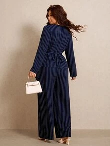 Elaquor 大尺碼休閒通勤條紋襯衫與長褲兩件套 女款秋冬優雅辦公商務工作套裝 - 藏蓝色 - 查看 3