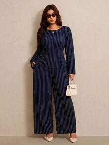 Elaquor 大尺碼休閒通勤條紋襯衫與長褲兩件套 女款秋冬優雅辦公商務工作套裝 - 藏蓝色 - 查看 9