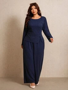 Elaquor 大尺碼休閒通勤條紋襯衫與長褲兩件套 女款秋冬優雅辦公商務工作套裝 - 藏蓝色 - 查看 5