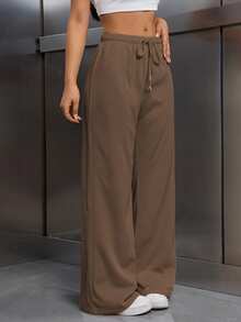 EMERY ROSE Women's Elastic Waist Drawstring Thermal Lined Loose Pants - Brown - View 5