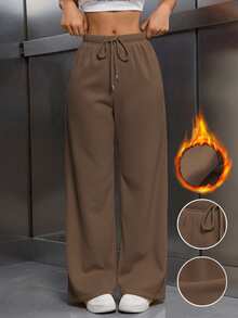 EMERY ROSE Women's Elastic Waist Drawstring Thermal Lined Loose Pants - Brown - View 3