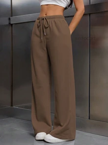 EMERY ROSE Women's Elastic Waist Drawstring Thermal Lined Loose Pants - Brown - View 4