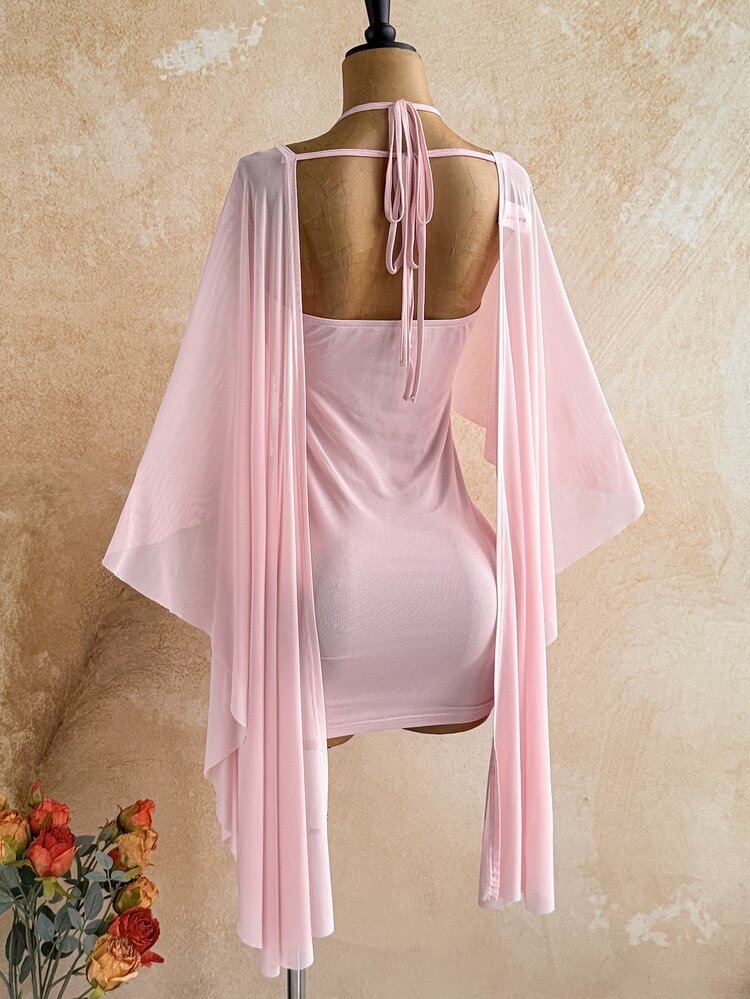 Soleia Women's Solid Color Halter Neck Tie Mini Dress And Cape Sleeve Semi-Sheer Top 2-Piece Set - Pink - View 8