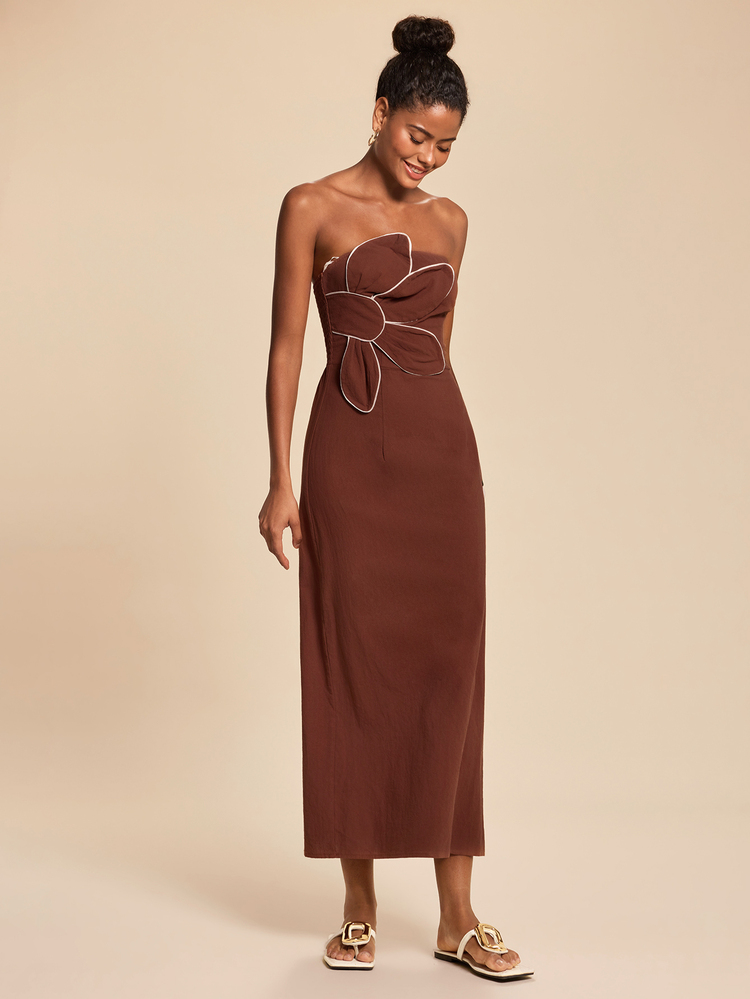 Travachic Women's Elegant 3D Floral Strapless Dress,Fall Clothes,Brown Dress - Brown - View 6