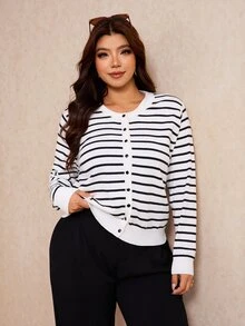 Elaquor Plus Size Striped Cardigan Knit Vest Sweater Set - Black and White - View 6