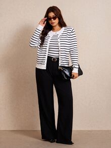 Elaquor Plus Size Striped Cardigan Knit Vest Sweater Set - Black and White - View 5