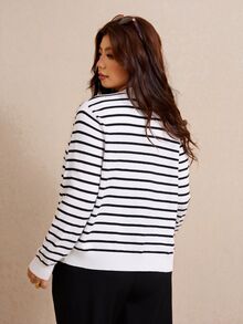 Elaquor Plus Size Striped Cardigan Knit Vest Sweater Set - Black and White - View 3