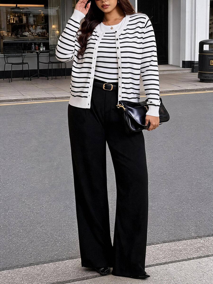 Elaquor Plus Size Striped Cardigan Knit Vest Sweater Set