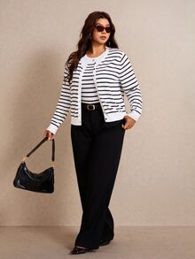 Elaquor Plus Size Striped Cardigan Knit Vest Sweater Set - Black and White - View 8
