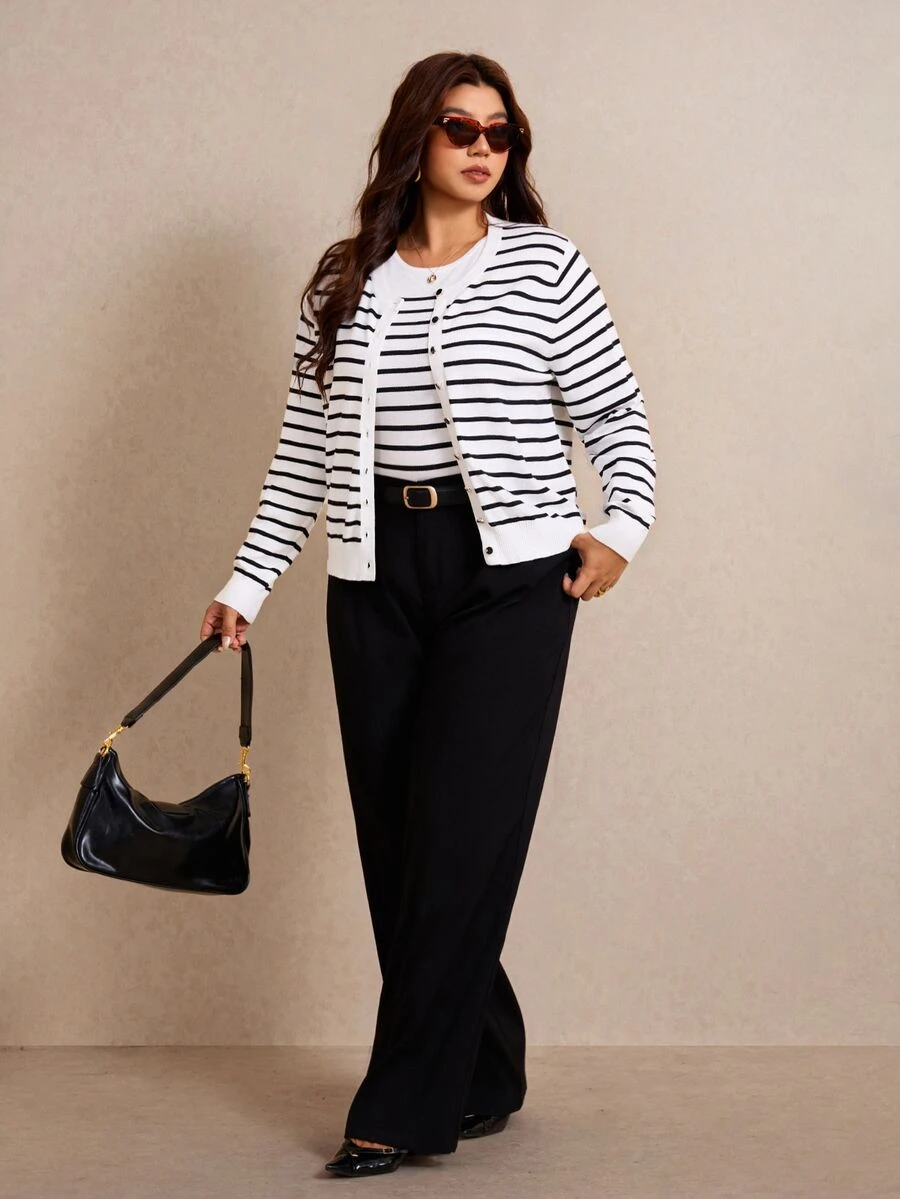 Elaquor Plus Size Striped Cardigan Knit Vest Sweater Set
