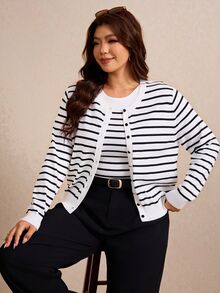 Elaquor Plus Size Striped Cardigan Knit Vest Sweater Set - Black and White - View 7