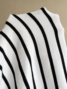 Elaquor Plus Size Striped Cardigan Knit Vest Sweater Set - Black and White - View 9