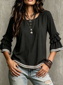 Glimmora Women's Summer Autumn New Colorblock French Casual Boho Loose Ruffle 3/4 Flare Sleeve Blouse Everyday Date Black And White Striped - Black - View 6