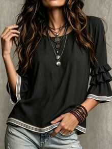 Glimmora Women's Summer Autumn New Colorblock French Casual Boho Loose Ruffle 3/4 Flare Sleeve Blouse Everyday Date Black And White Striped - Black - View 3