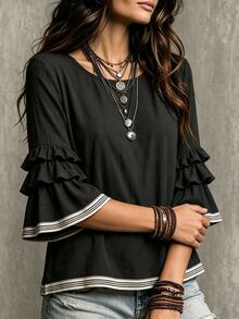 Glimmora Women's Summer Autumn New Colorblock French Casual Boho Loose Ruffle 3/4 Flare Sleeve Blouse Everyday Date Black And White Striped - Black - View 4