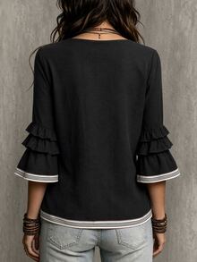 Glimmora Women's Summer Autumn New Colorblock French Casual Boho Loose Ruffle 3/4 Flare Sleeve Blouse Everyday Date Black And White Striped - Black - View 2