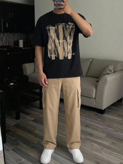 SHEIN 2pcs/Set Teen Boy/Teen Boys Casual American Letter Print T-Shirt And Cargo Pocket Pants Outfit