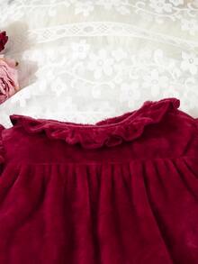 SHEIN 女嬰絨毛酒紅色可愛長袖長版連身居家服 秋冬款 - 紅色 - 查看 4