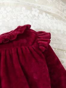 SHEIN 女嬰絨毛酒紅色可愛長袖長版連身居家服 秋冬款 - 紅色 - 查看 5