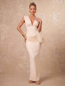 Lumalex Beiges Kleid mit tiefem V-Ausschnitt, gerafftem ärmellosem Oberteil, figurbetonter Taille, gerafften Hüften, Rückenschnürung und Säulenrock, luxuriös, sexy, elegant, für Sommerhochzeiten - Aprikosenfarben - Übersicht 7