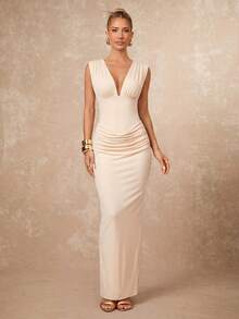 Lumalex Beiges Kleid mit tiefem V-Ausschnitt, gerafftem ärmellosem Oberteil, figurbetonter Taille, gerafften Hüften, Rückenschnürung und Säulenrock, luxuriös, sexy, elegant, für Sommerhochzeiten - Aprikosenfarben - Übersicht 13