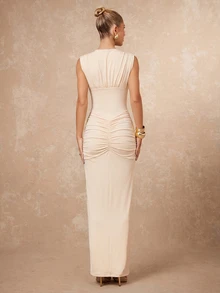 Lumalex Beiges Kleid mit tiefem V-Ausschnitt, gerafftem ärmellosem Oberteil, figurbetonter Taille, gerafften Hüften, Rückenschnürung und Säulenrock, luxuriös, sexy, elegant, für Sommerhochzeiten - Aprikosenfarben - Übersicht 3