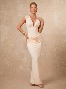 Lumalex Beiges Kleid mit tiefem V-Ausschnitt, gerafftem ärmellosem Oberteil, figurbetonter Taille, gerafften Hüften, Rückenschnürung und Säulenrock, luxuriös, sexy, elegant, für Sommerhochzeiten - Aprikosenfarben - Übersicht 2