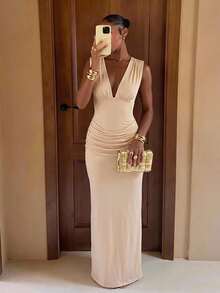 Lumalex Beiges Kleid mit tiefem V-Ausschnitt, gerafftem ärmellosem Oberteil, figurbetonter Taille, gerafften Hüften, Rückenschnürung und Säulenrock, luxuriös, sexy, elegant, für Sommerhochzeiten - Aprikosenfarben - Übersicht 5