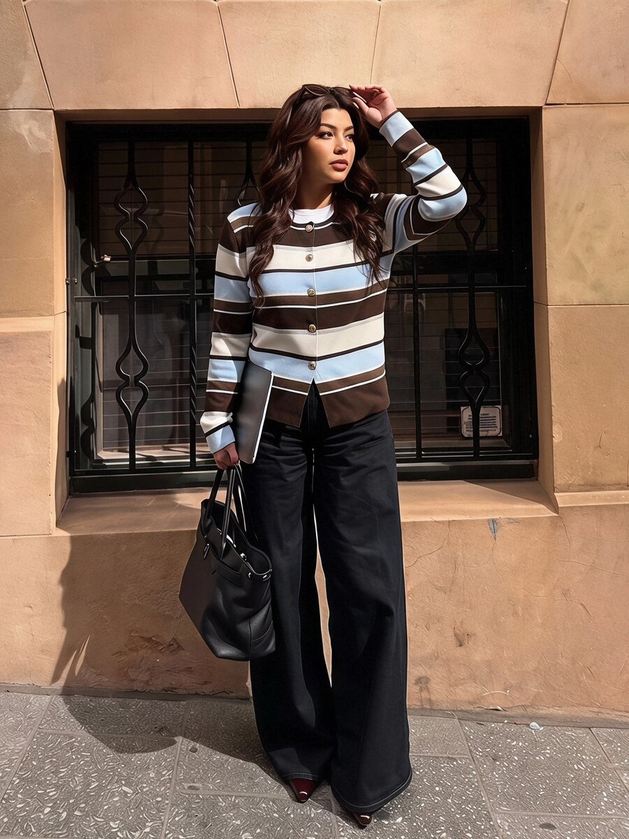 Elaquor Plus Size Autumn Casual Normal Traditional Colorblock White, Brown, Blue Cardigan Fall/Winter Office Work Dates