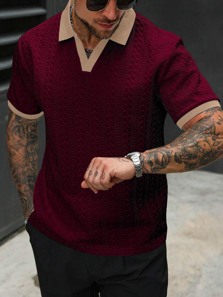 Manfinity CasualCool Men's Burgundy Short Sleeve Knit Polo Shirt,Summer Casual Contrast Color V Neck Textured Knitted Shirt,Old Money Style For Dates,Commuter & Outdoor - Burgundy - View 4