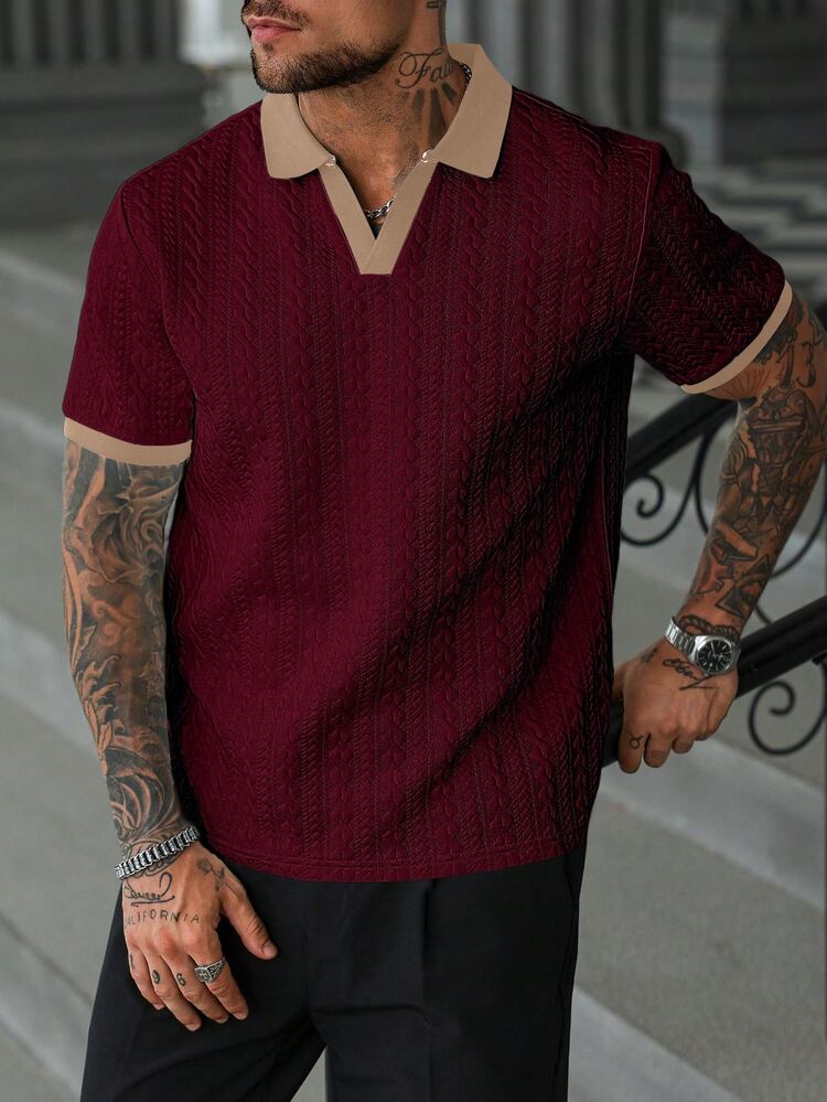 Manfinity CasualCool Men's Burgundy Short Sleeve Knit Polo Shirt,Summer Casual Contrast Color V Neck Textured Knitted Shirt,Old Money Style For Dates,Commuter & Outdoor - Burgundy - View 5