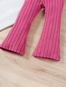 SHEIN Genkimix Kids Young Girl Round Neckline Pullover Solid Color Top With Elastic Waist Flared Pants Two Piece Set - Hot Pink - View 4