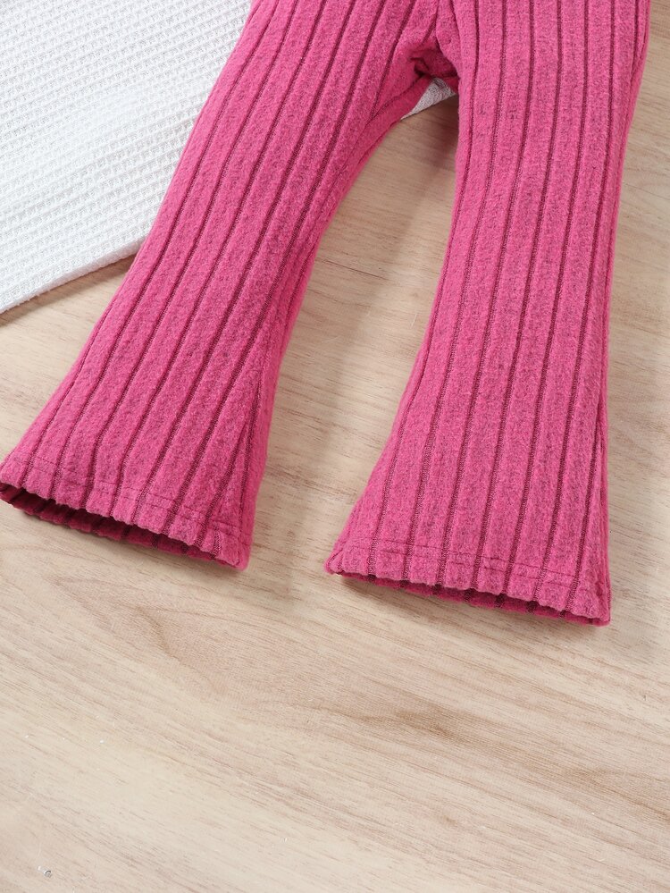 SHEIN Genkimix Kids Young Girl Round Neckline Pullover Solid Color Top With Elastic Waist Flared Pants Two Piece Set - Hot Pink - View 4