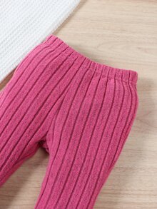 SHEIN Genkimix Kids Young Girl Round Neckline Pullover Solid Color Top With Elastic Waist Flared Pants Two Piece Set - Hot Pink - View 5