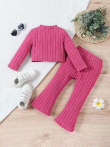 SHEIN Genkimix Kids Young Girl Round Neckline Pullover Solid Color Top With Elastic Waist Flared Pants Two Piece Set - Hot Pink - View 2
