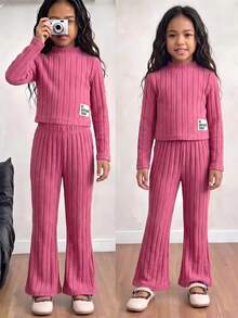 SHEIN Genkimix Kids Young Girl Round Neckline Pullover Solid Color Top With Elastic Waist Flared Pants Two Piece Set - Hot Pink - View 3