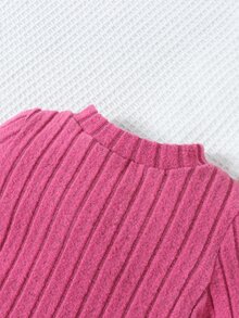 SHEIN Genkimix Kids Young Girl Round Neckline Pullover Solid Color Top With Elastic Waist Flared Pants Two Piece Set - Hot Pink - View 7