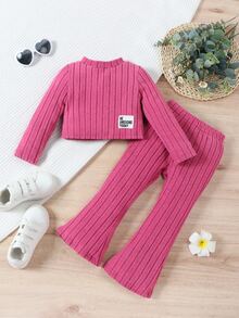 SHEIN Genkimix Kids Young Girl Round Neckline Pullover Solid Color Top With Elastic Waist Flared Pants Two Piece Set - Hot Pink - View 1