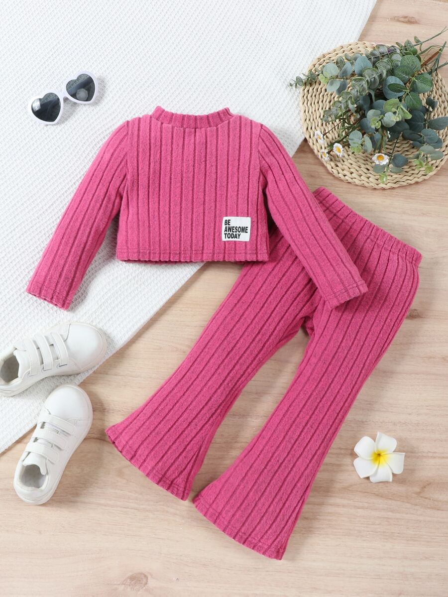 SHEIN Genkimix Kids Young Girl Round Neckline Pullover Solid Color Top With Elastic Waist Flared Pants Two Piece Set - Hot Pink - View 1