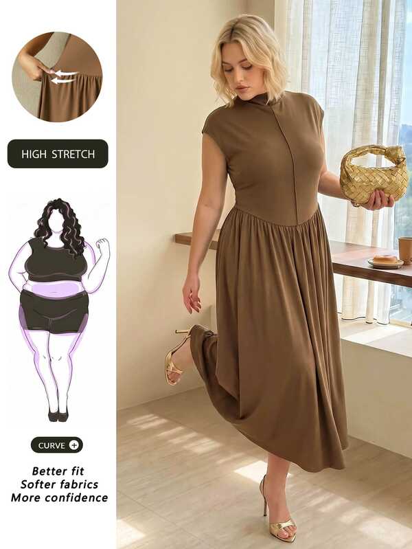 SHEIN CURVE+ Plus Size Women's Brown High Neck Long Knit Dress, Plus Size Women's Brown High Neck Long Knit Dress, Valentine's Day, Wedding Dress, Elegant Commute Suitable For Autumn/Winter