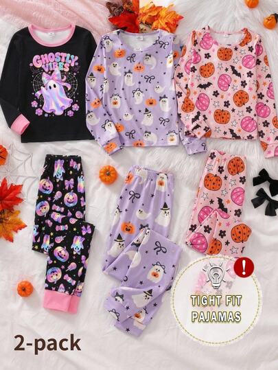 Tween Girls Pajamas Halloween New UV Light Reactive Bow Ghost Print Knitted High Elastic Snug Fit Crew Neck Long Sleeve Long Pants , Snug Fit Pajama