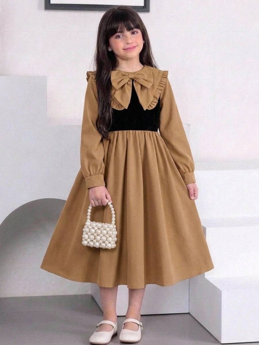 SHEIN Tween女孩卡其色與黑色拼色長袖彩色大領口收腰蝴蝶結洋裝 - 卡其色 - 查看 1